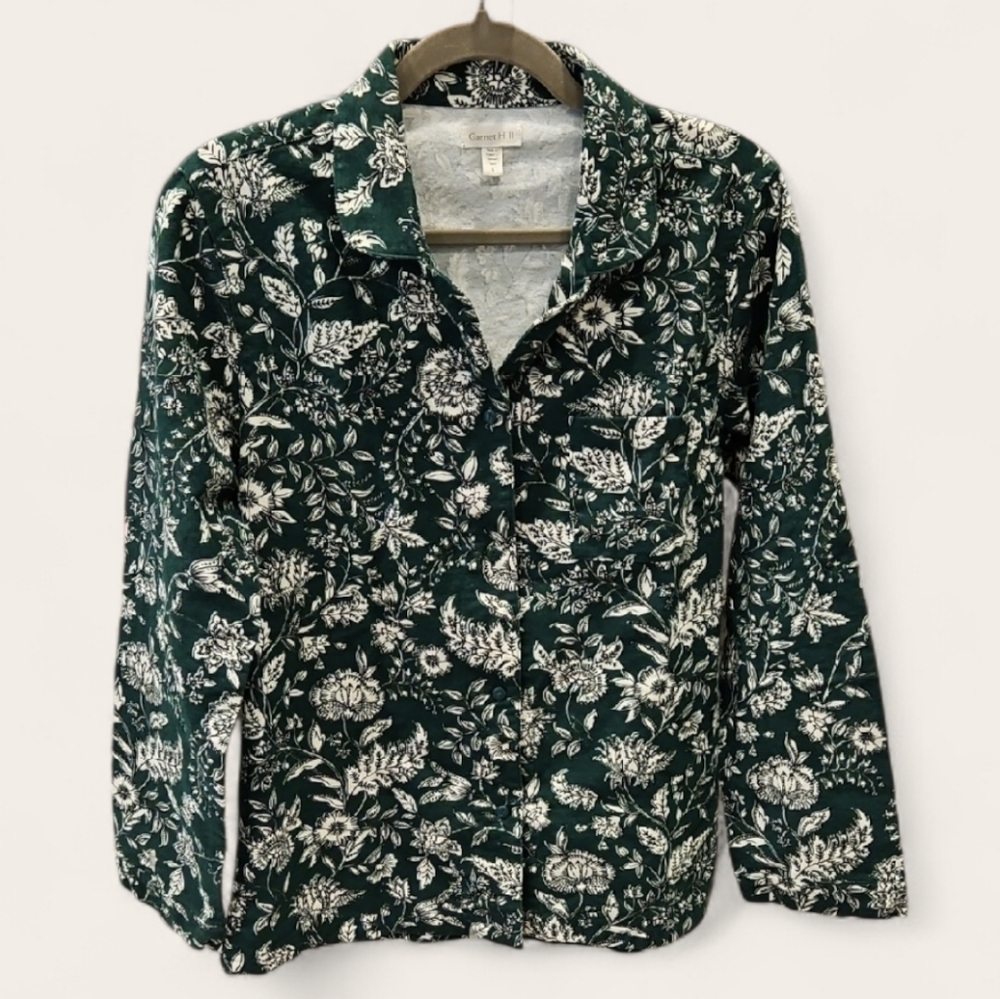 Garnet Hill Organic Cotton Long Sleeve Green Floral Print Sleep Top, Size Small